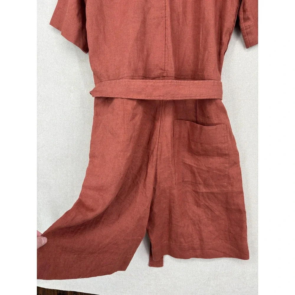 COS Jumpsuit Womens 32 Orange Linen Short Button Up Romper Tie Waist